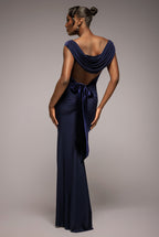 Goddiva Open Back Cowl Neck Gathered Maxi Dress With Velvet Tie Back