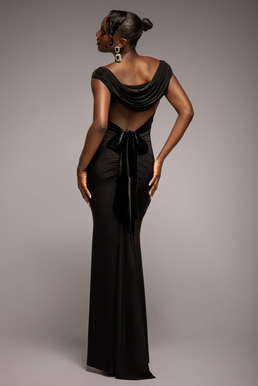 Goddiva Open Back Cowl Neck Gathered Maxi Dress With Velvet Tie Back