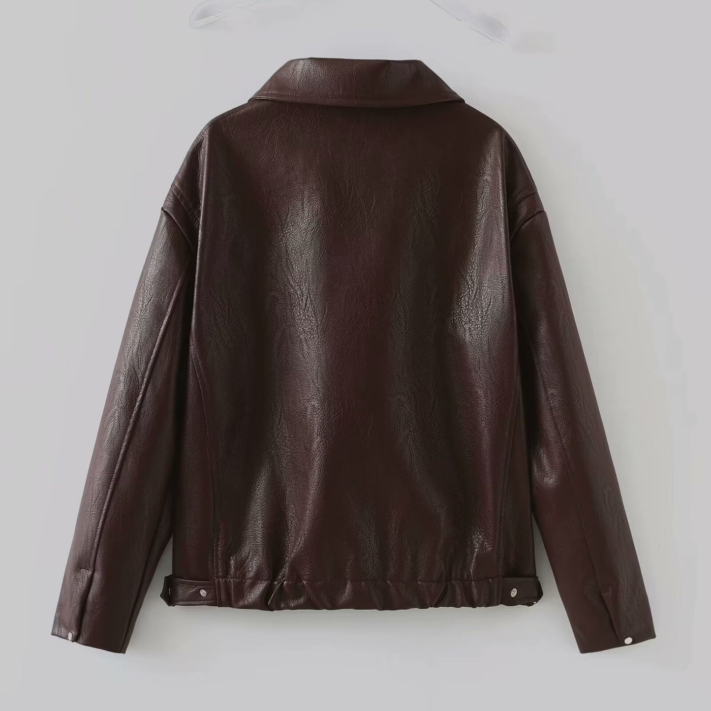 Solid Leather Long Sleeve Lapel Jacket