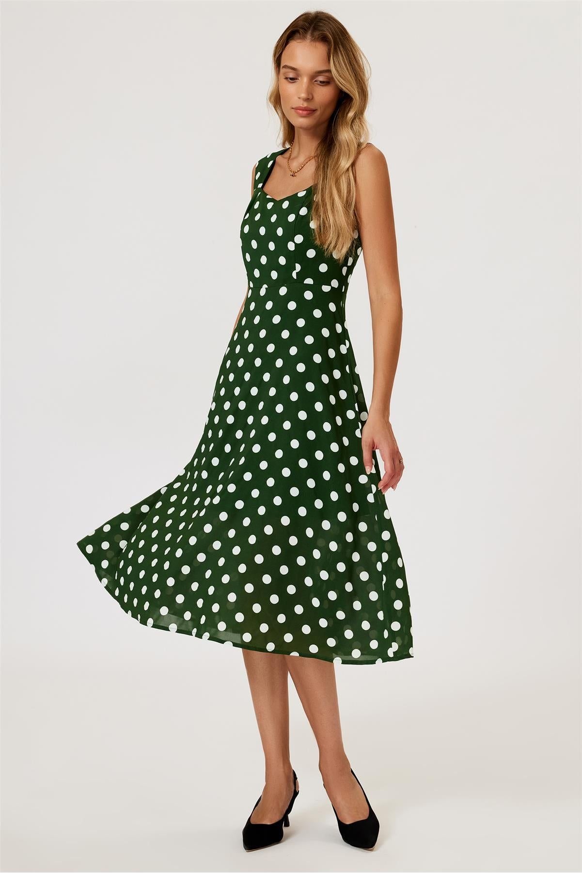 Polka Dot Print Heart Neck Midi Green by FS Collection - FS887