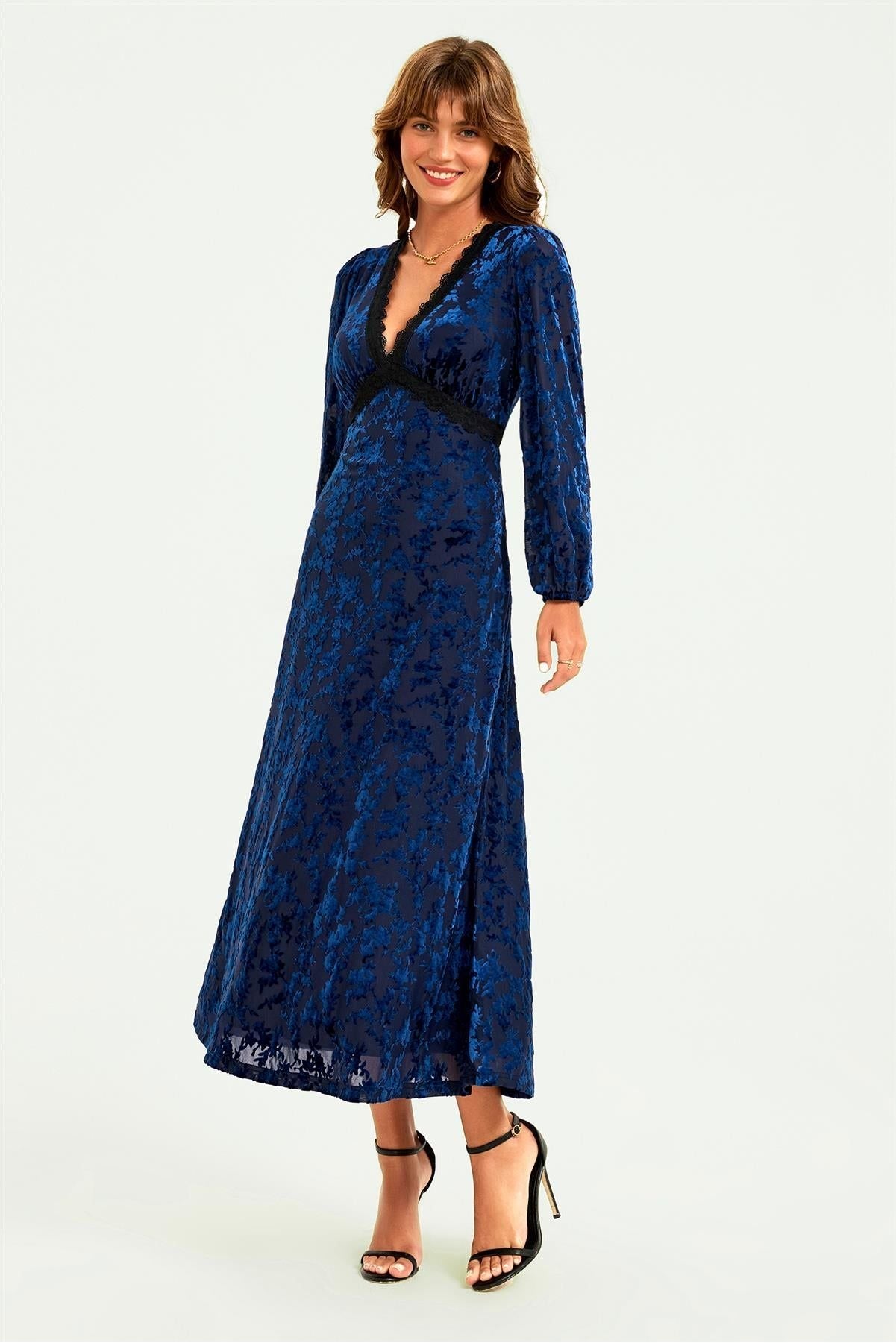 Floral Velvet Devore Lace Trim Neckline Midi Dress In Navy by FS Collection - FS903 NVF