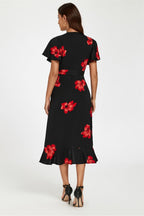 Floral Print Angel Sleeve Wrap Dress In Black by FS Collection - FS524 BLACKRED