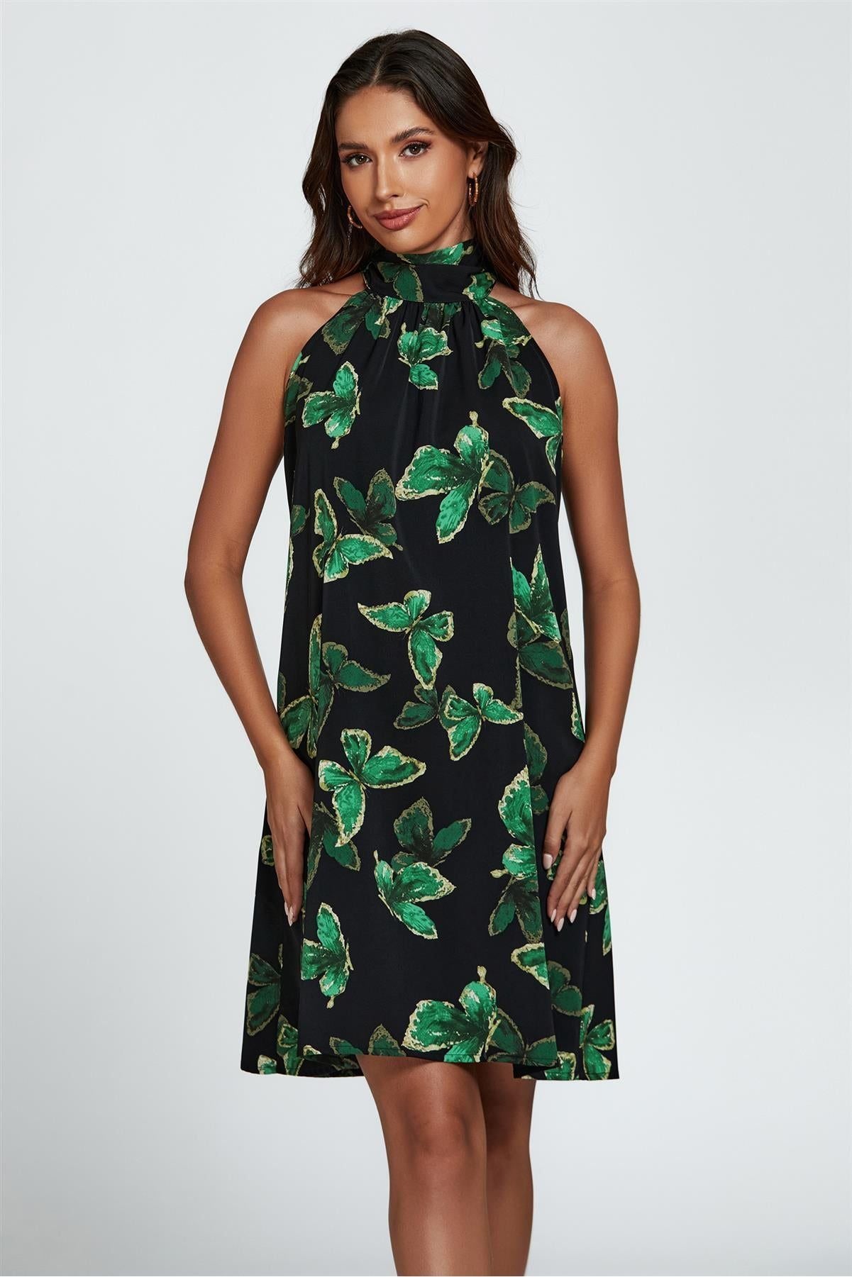Butterfly Print Halter Neck Tie Back Mini Dress In Green by FS Collection - FS455 GB