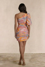 One-Shoulder Ruched Printed Mini Dress In Pink by Chi Chi London - 71130LI