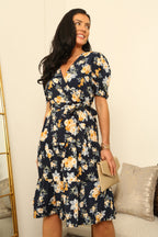 Navy Printed Puff Sleeve Tiered Wrap Dress by Double Second - DR0000193