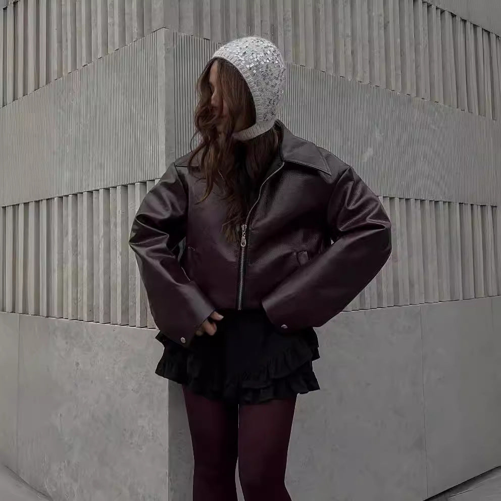 Solid Leather Long Sleeve Lapel Jacket