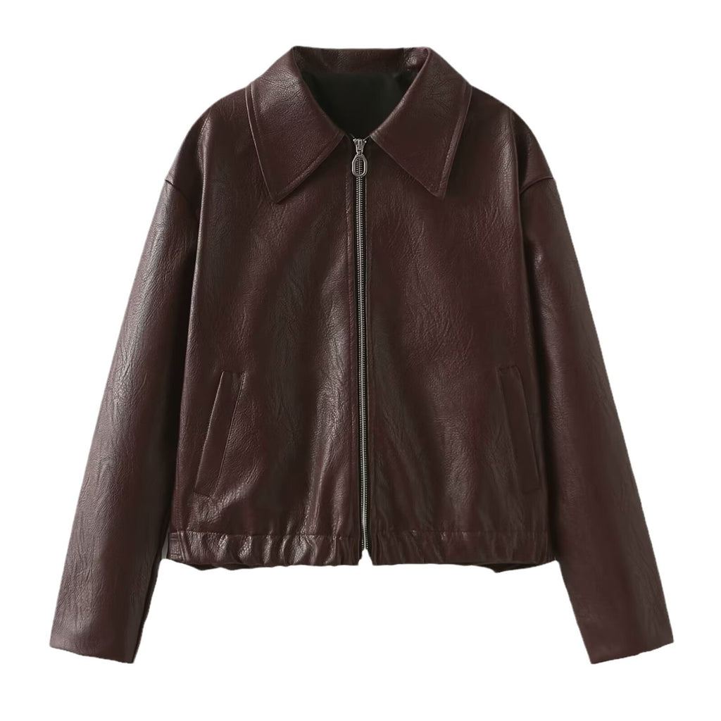 Solid Leather Long Sleeve Lapel Jacket