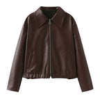 Solid Leather Long Sleeve Lapel Jacket