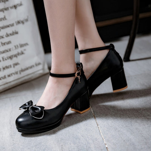 Block Heel Leather Round Toe Buckle High-Heels
