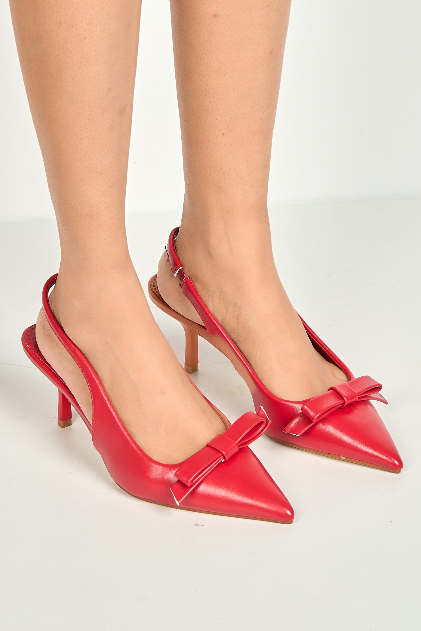 Cheri Bow Detail Kitten Heel Slingback Court Shoes In Red by Miss Diva - SQC 167 RED