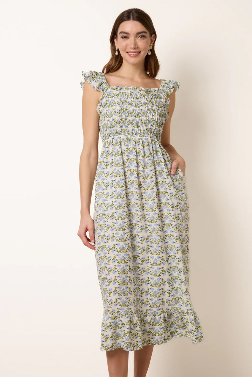 Floral & Frill Shirred Bodice Midi Dress by Blue Vanilla - BV269878002