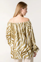 Zebra Satin Ruched Bardot Top by Blue Vanilla - BV3530282