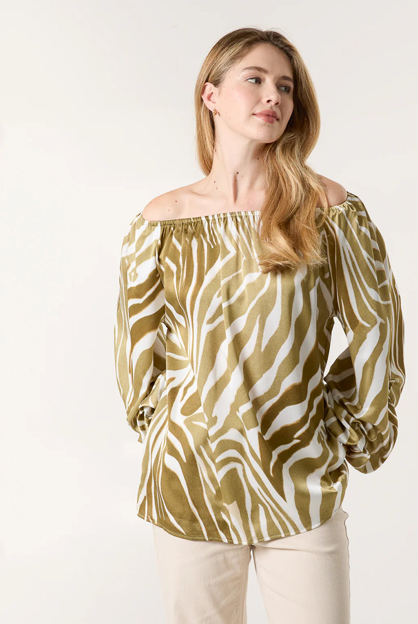 Zebra Satin Ruched Bardot Top by Blue Vanilla - BV3530282