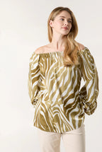 Zebra Satin Ruched Bardot Top by Blue Vanilla - BV3530282