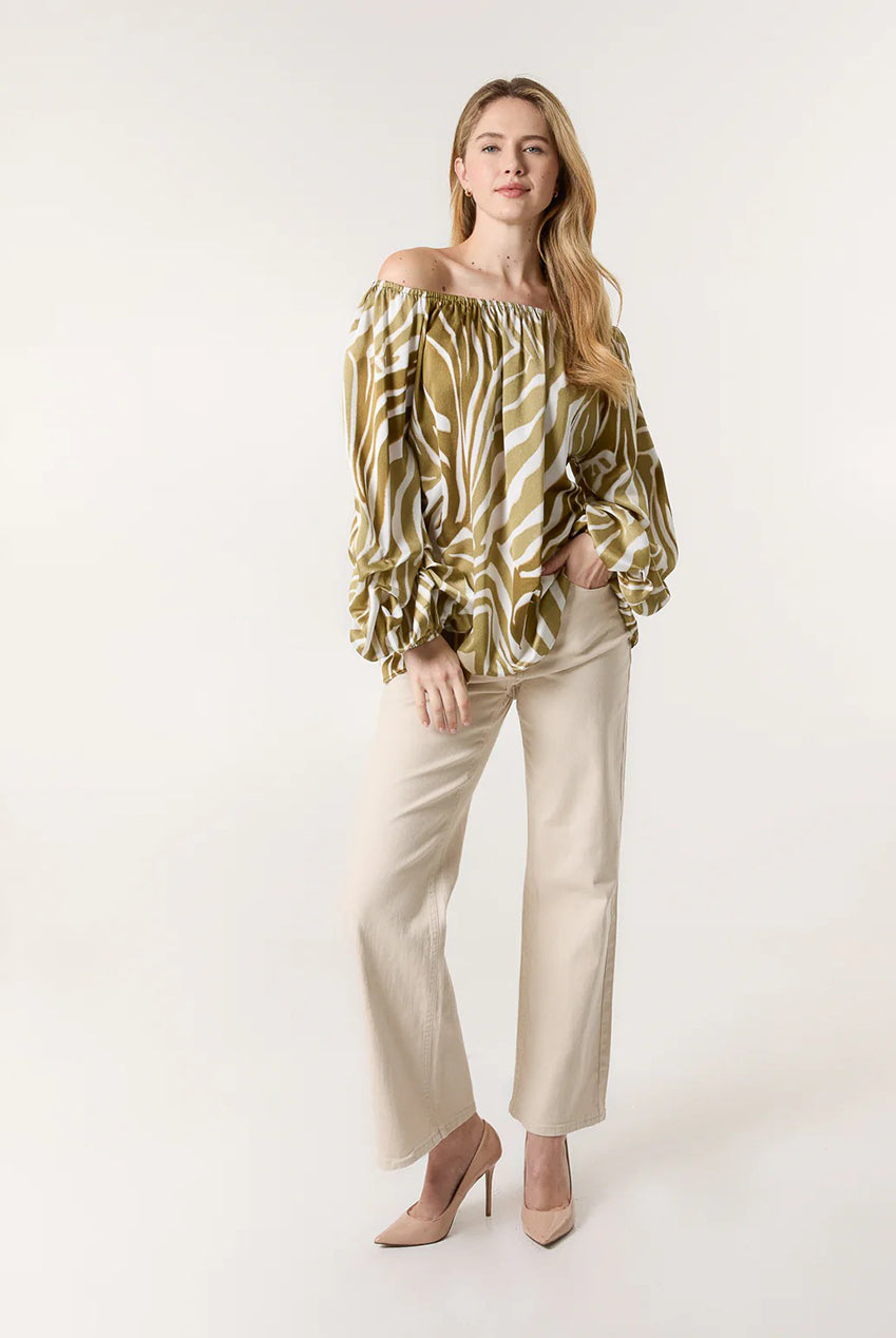 Zebra Satin Ruched Bardot Top by Blue Vanilla - BV3530282