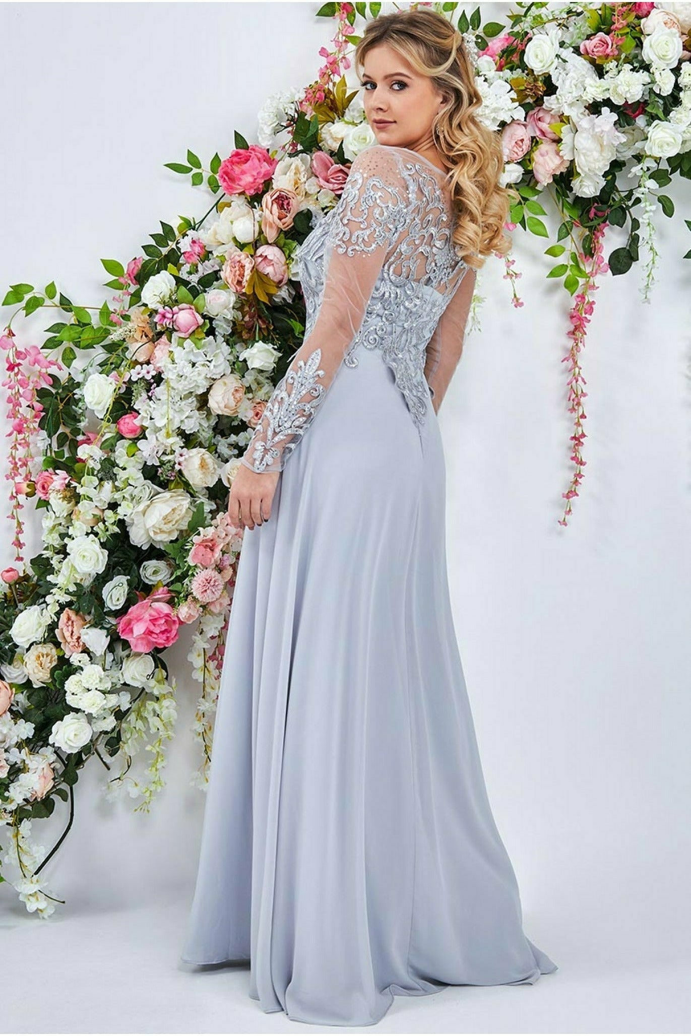 Goddiva Sequin Embroidered Patterned Lace Bodice Chiffon Maxi Dress