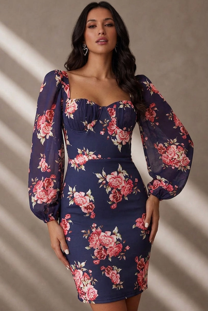 Balloon Sleeve Floral Bodycon Mini Dress In Navy by Chi Chi London - D1NB