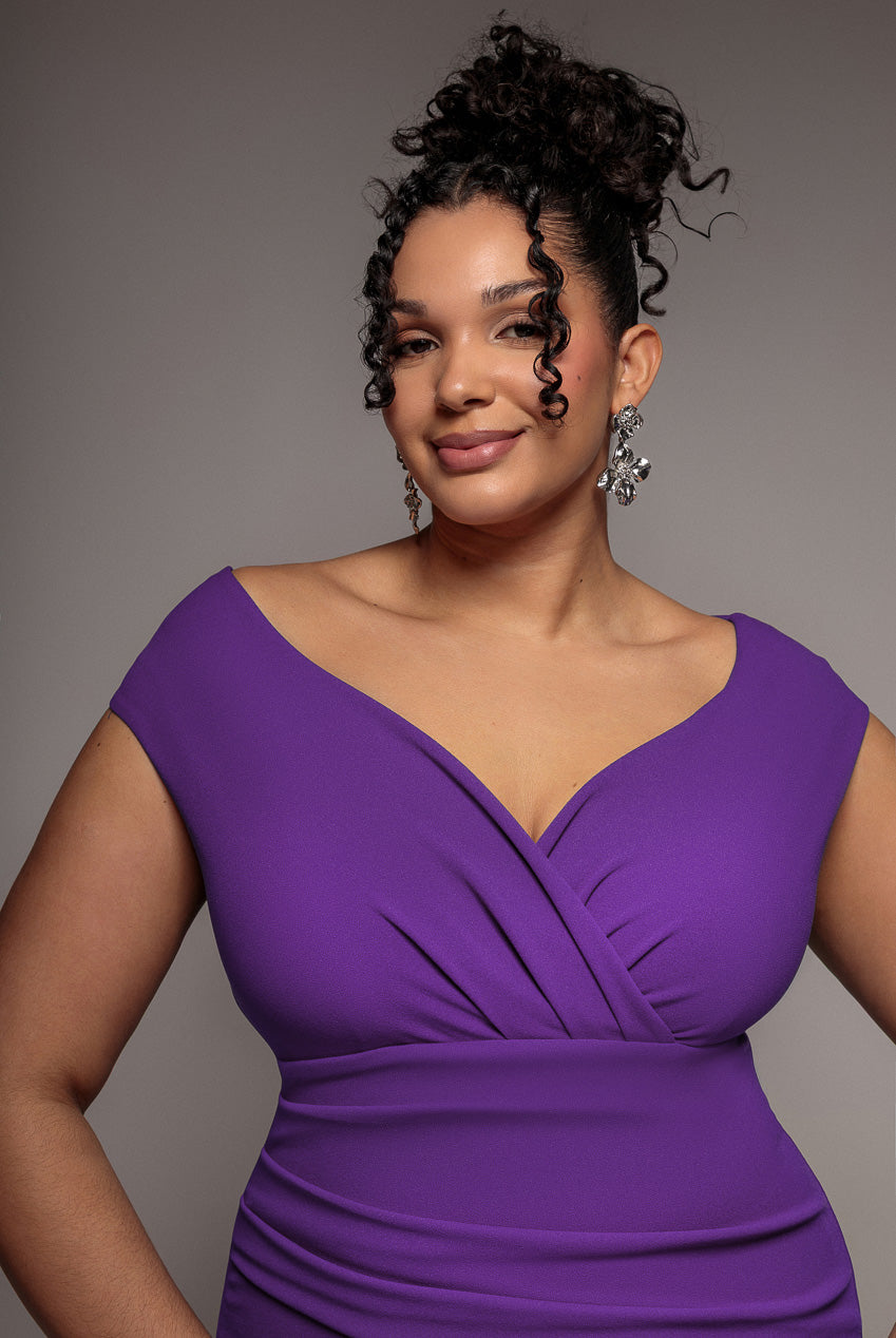 Bardot Pleated Midi Dress - Purple by Goddiva Plus - DR1092AP