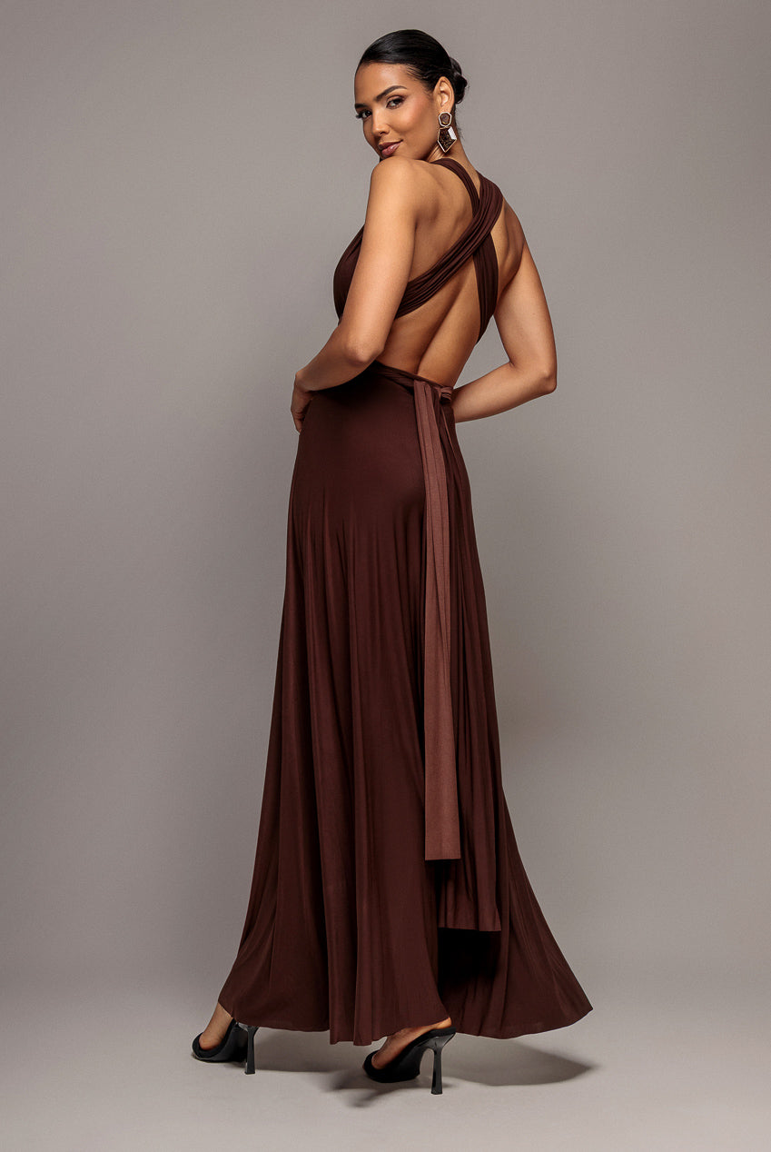 Multiway Tie-Up Maxi Dress - Dark Brown by Goddiva - DR1186BB
