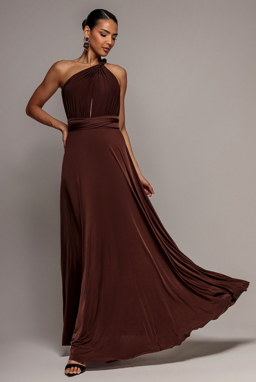 Multiway Tie-Up Maxi Dress - Dark Brown by Goddiva - DR1186BB
