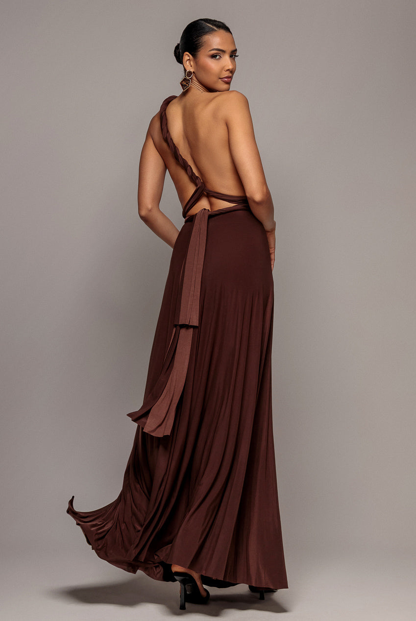 Multiway Tie-Up Maxi Dress - Dark Brown by Goddiva - DR1186BB