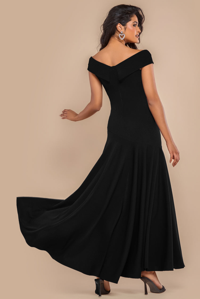 Goddiva Scuba Crepe Off Shoulder Front Split Maxi Dress