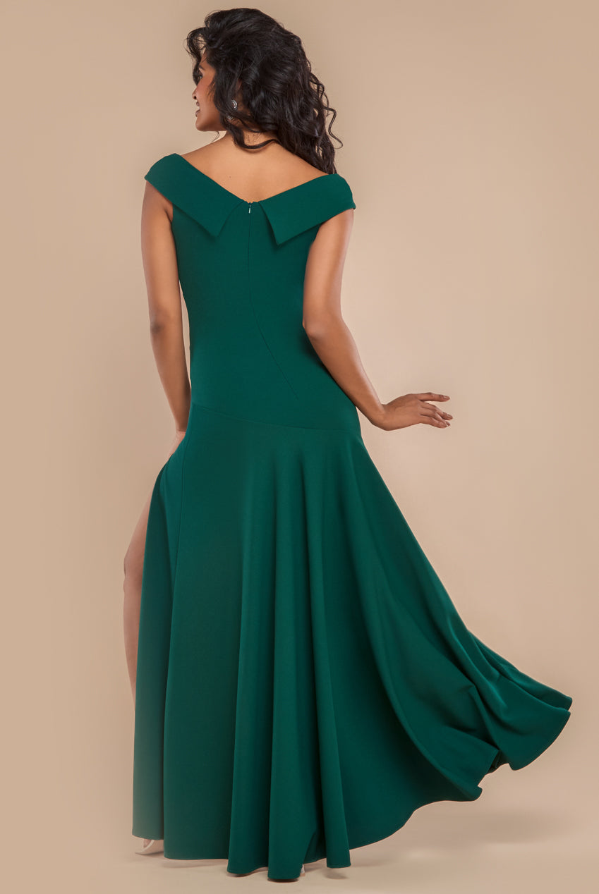 Goddiva Scuba Crepe Off Shoulder Front Split Maxi Dress