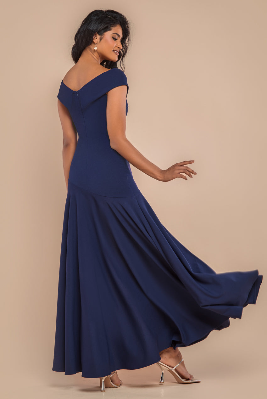 Goddiva Scuba Crepe Off Shoulder Front Split Maxi Dress