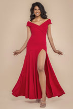 Goddiva Scuba Crepe Off Shoulder Front Split Maxi Dress