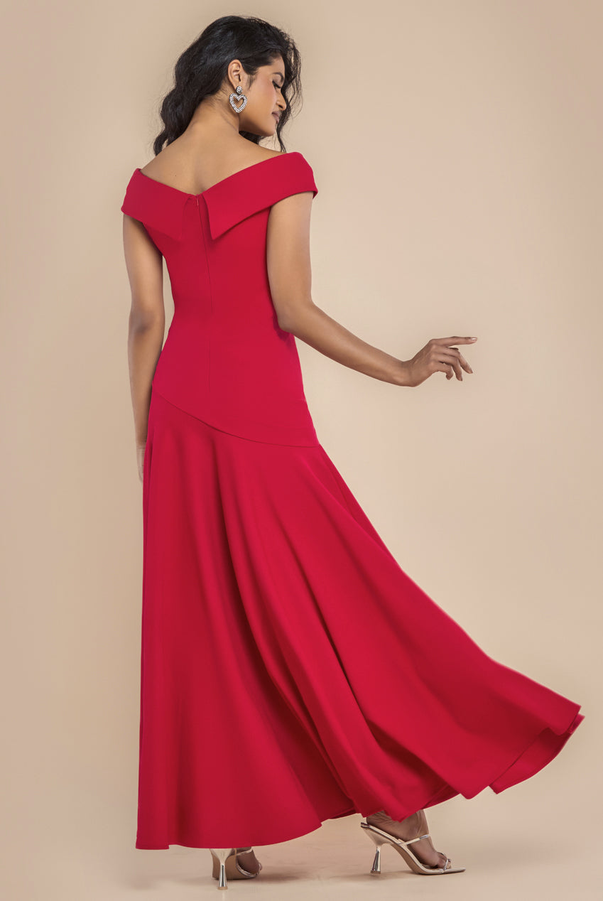 Goddiva Scuba Crepe Off Shoulder Front Split Maxi Dress