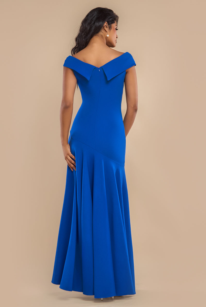 Goddiva Scuba Crepe Off Shoulder Front Split Maxi Dress