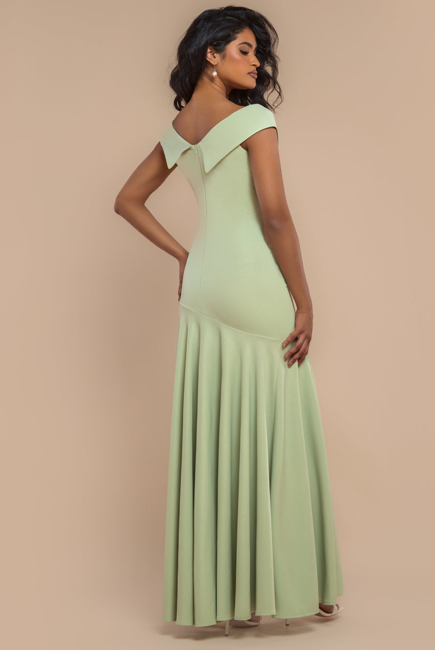 Goddiva Scuba Crepe Off Shoulder Front Split Maxi Dress