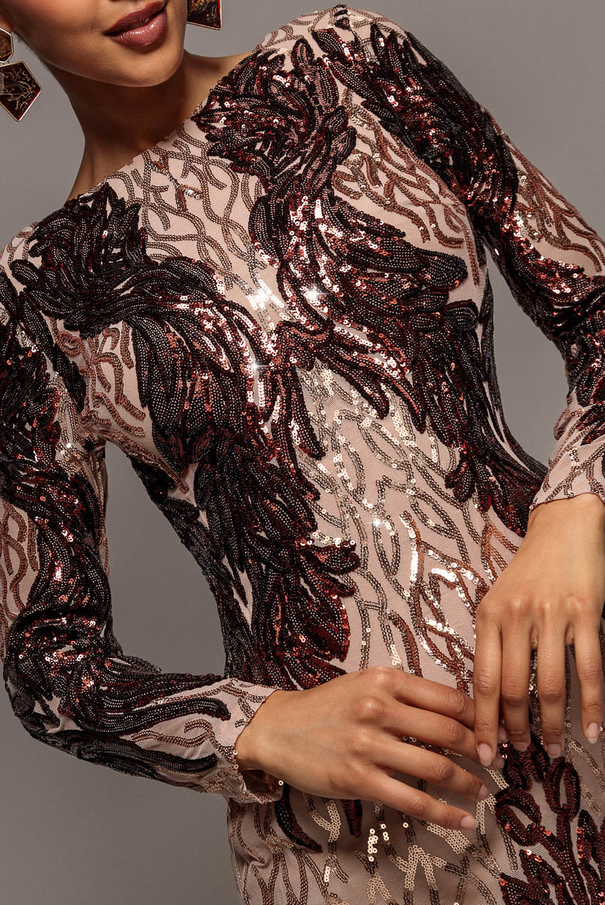 Boat Neck Full Sleeve Sequin Midi Dress - Champagne by Goddiva - DR3008