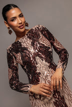 Boat Neck Full Sleeve Sequin Midi Dress - Champagne by Goddiva - DR3008