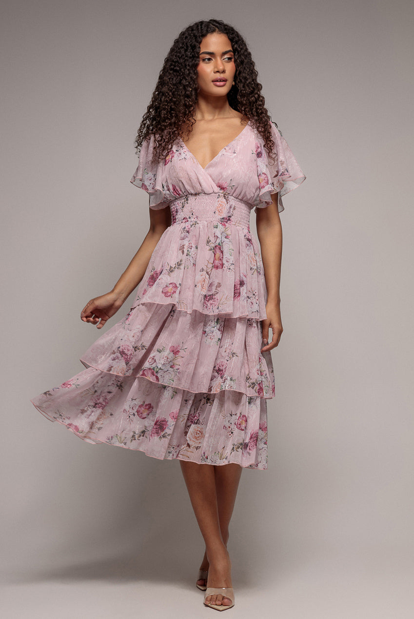 Layered Floral Midi With Flutter Sleeves - Blush by Goddiva - DR3219