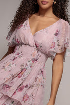 Layered Floral Midi With Flutter Sleeves - Blush by Goddiva - DR3219