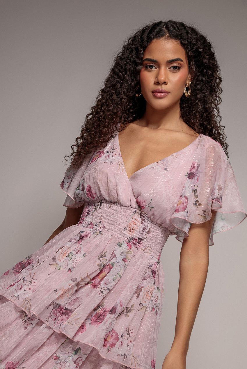 Layered Floral Midi With Flutter Sleeves - Blush by Goddiva - DR3219