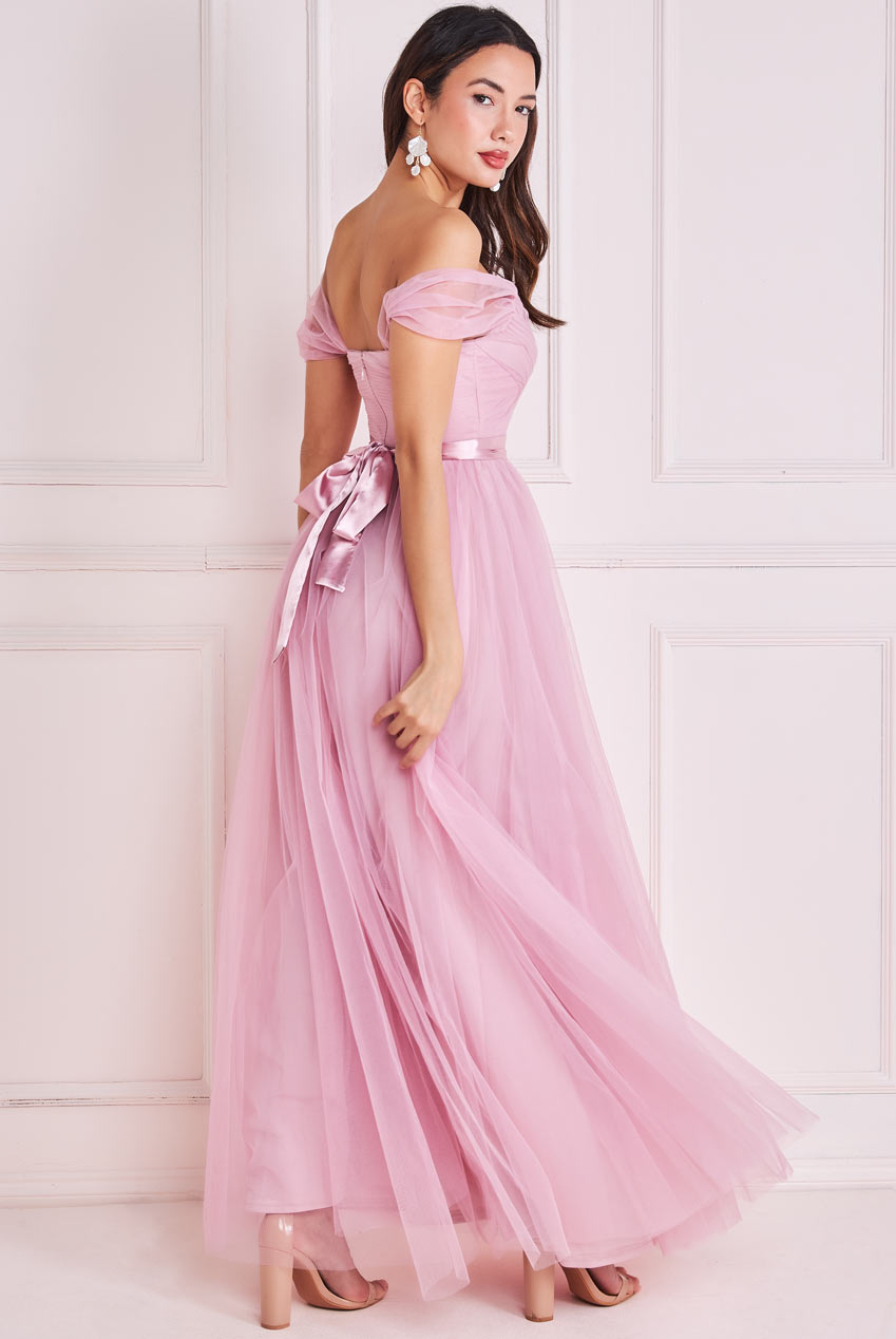Goddiva Pleated Off Shoulder Bardot Princess Maxi Dress
