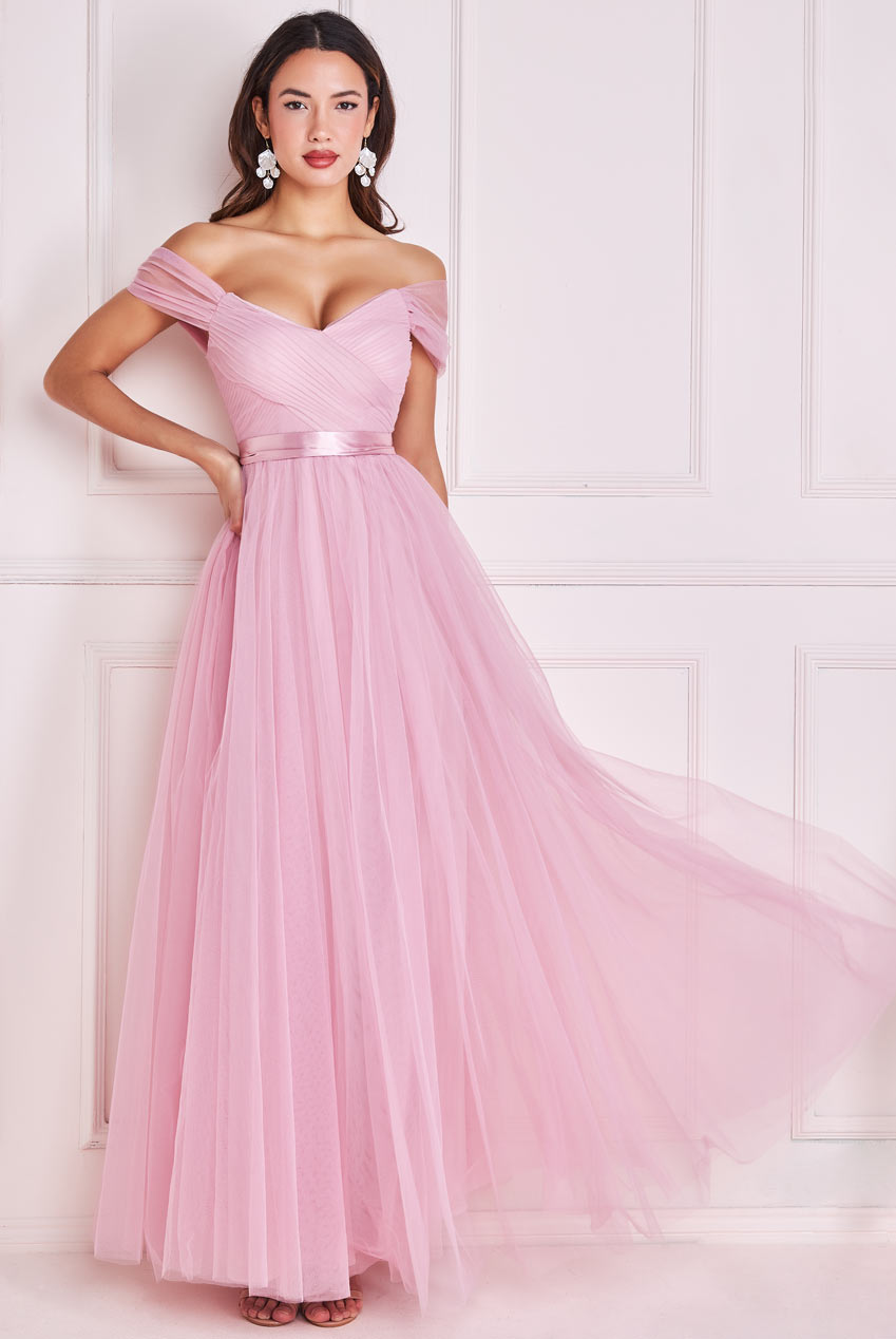 Goddiva Pleated Off Shoulder Bardot Princess Maxi Dress