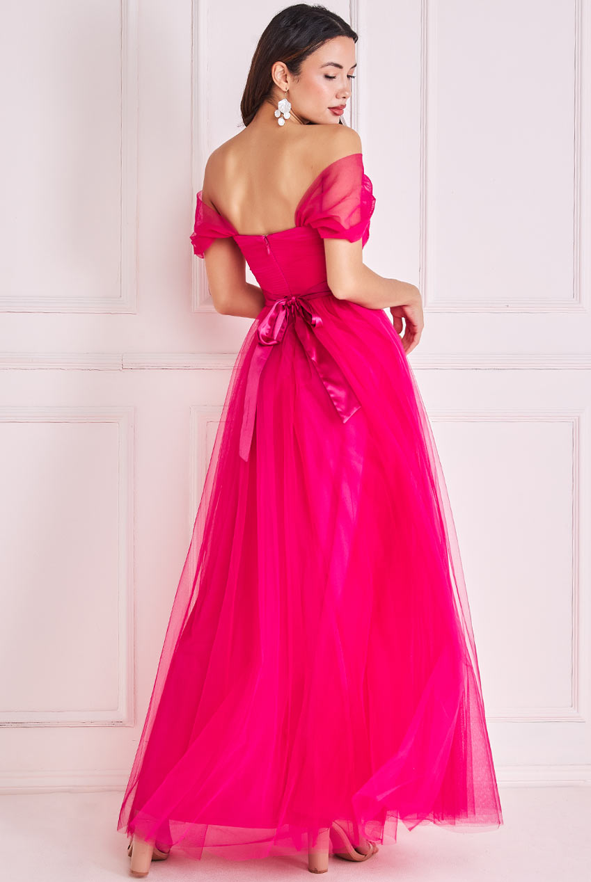 Goddiva Pleated Off Shoulder Bardot Princess Maxi Dress