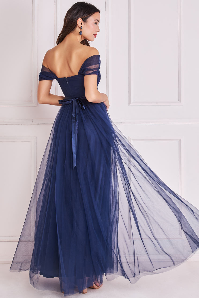 Goddiva Pleated Off Shoulder Bardot Princess Maxi Dress