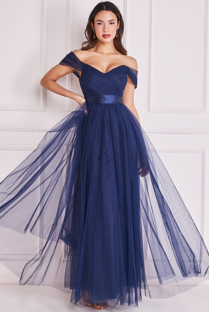 Goddiva Pleated Off Shoulder Bardot Princess Maxi Dress