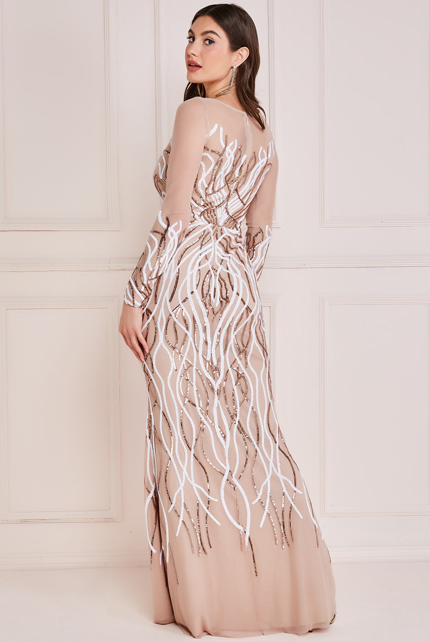Goddiva Flame Patterned Sequin Long Sleeve Maxi Dress