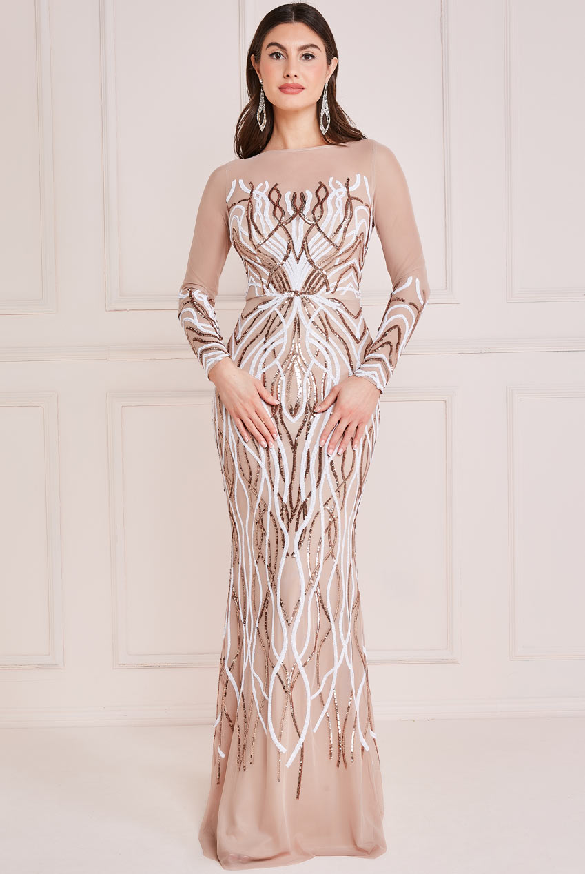 Goddiva Flame Patterned Sequin Long Sleeve Maxi Dress