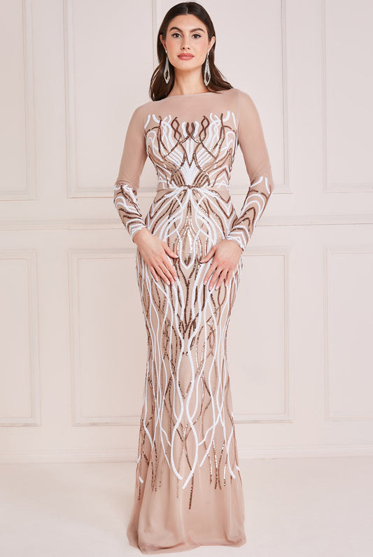 Goddiva Flame Patterned Sequin Long Sleeve Maxi Dress