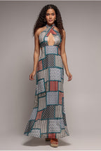 Halter Neck Printed Maxi Dress - Blue by City Goddess - DR3504