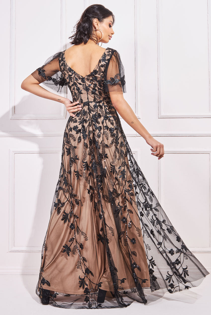 Goddiva Flared Sleeve Embroidered Maxi Dress