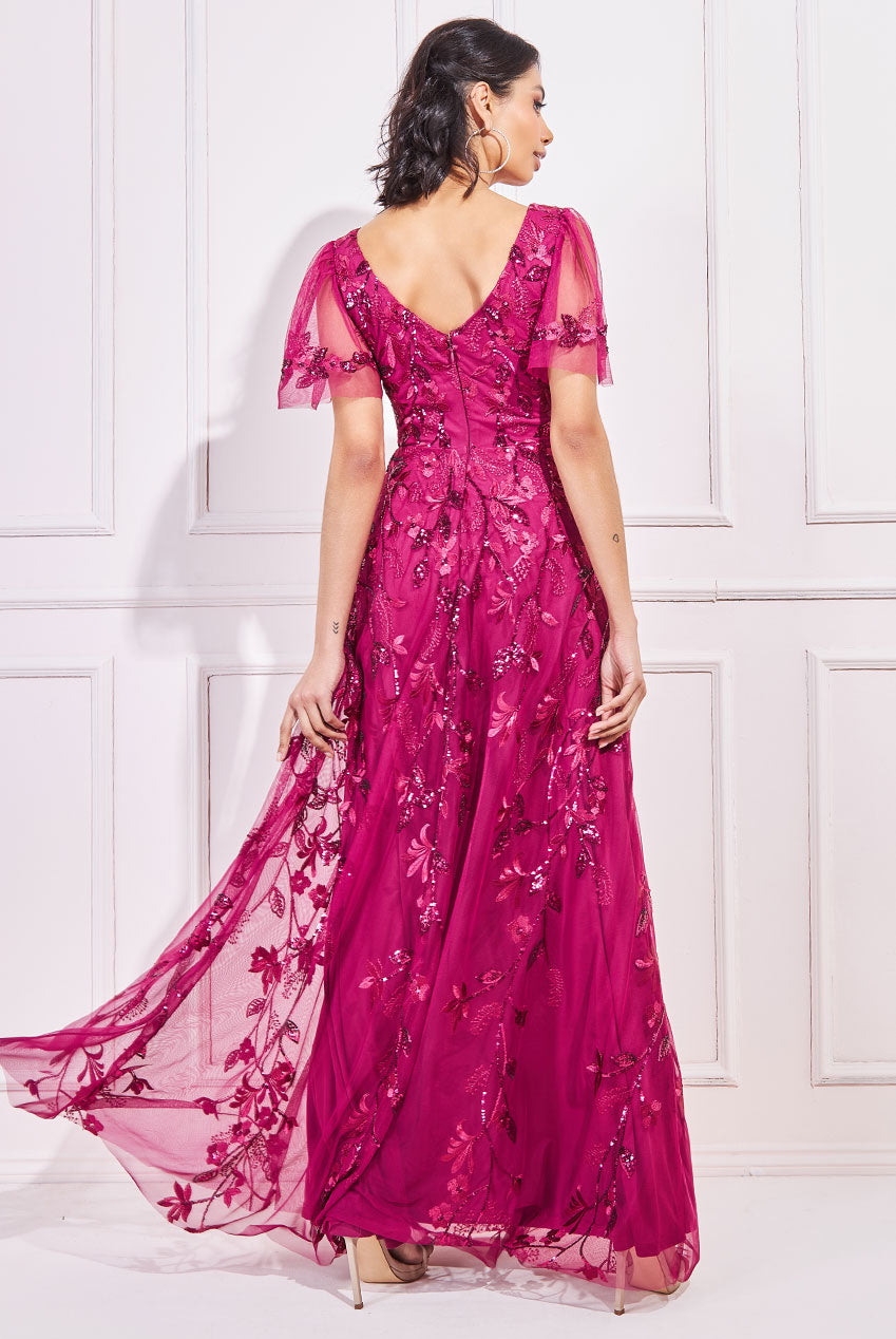Goddiva Flared Sleeve Embroidered Maxi Dress