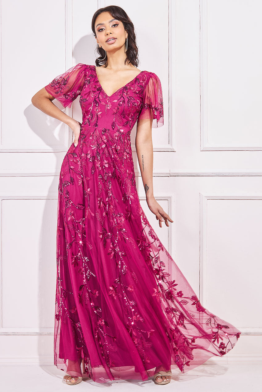 Goddiva Flared Sleeve Embroidered Maxi Dress