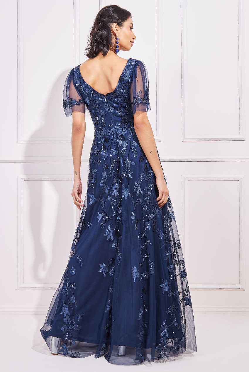 Goddiva Flared Sleeve Embroidered Maxi Dress